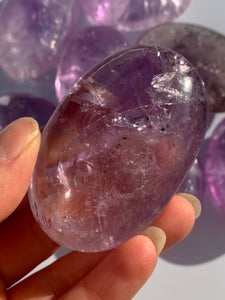 A Grade Amethyst PalmStone with Hollandite + Big Rainbows - Dragon Mama Crystals 