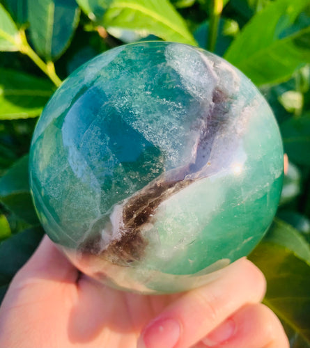 Large Fluorite with Smokey Sphere - Dragon Mama Crystals 