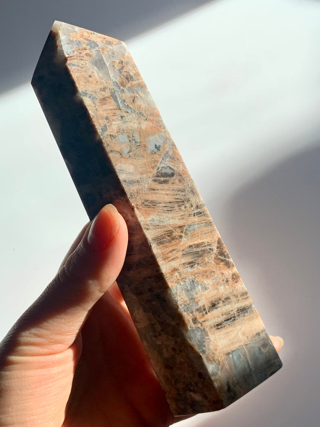 Peach and Black Moonstone Tower - Dragon Mama Crystals 