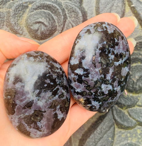 Mystic Merlinite (Indigo Gabbro) Palmstones - Dragon Mama Crystals 
